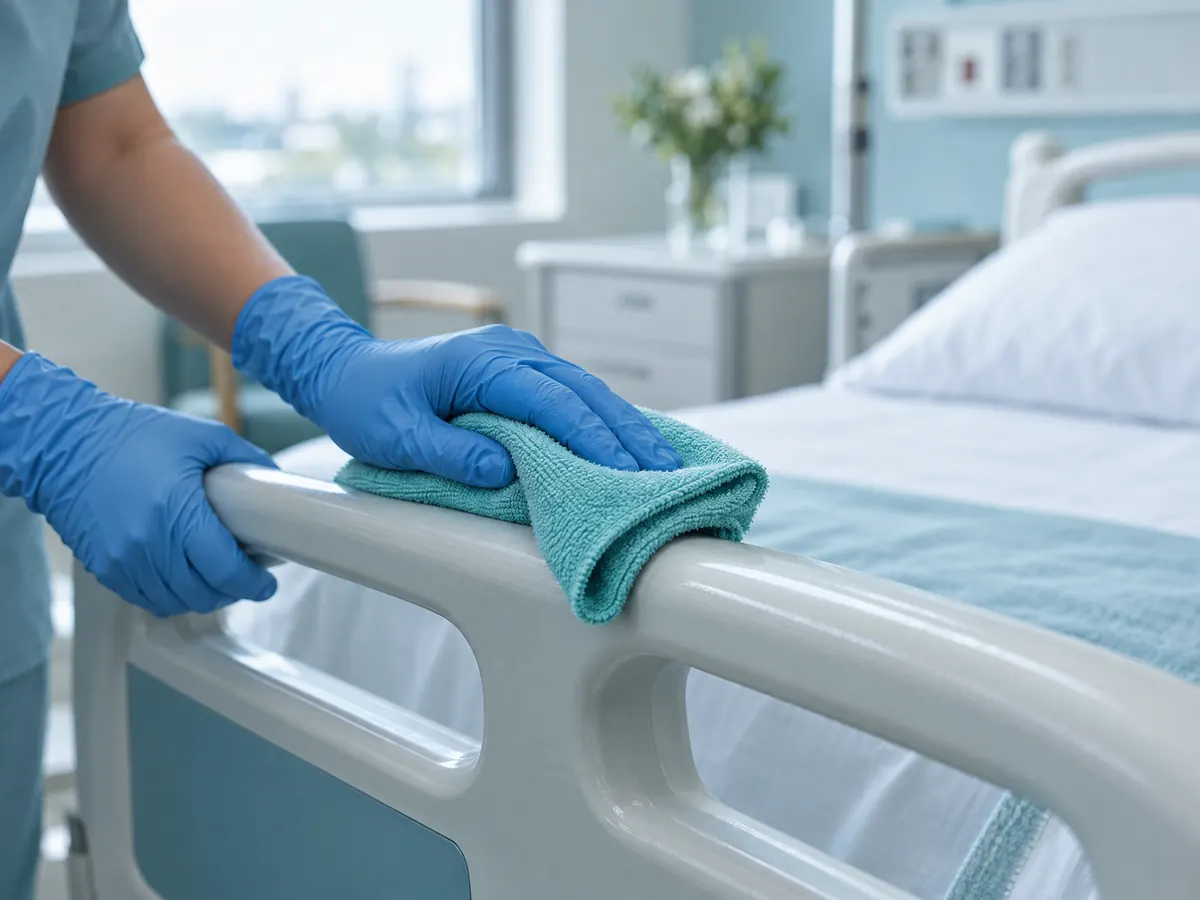 Handen in handschoenen reinigen een bedhek in een ziekenhuiskamer
