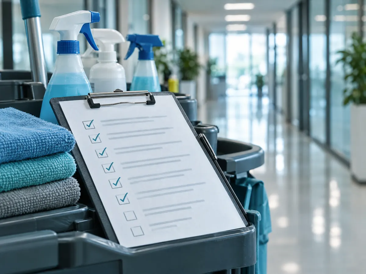 Afgevinkte schoonmaakchecklist op een schoonmaakkar