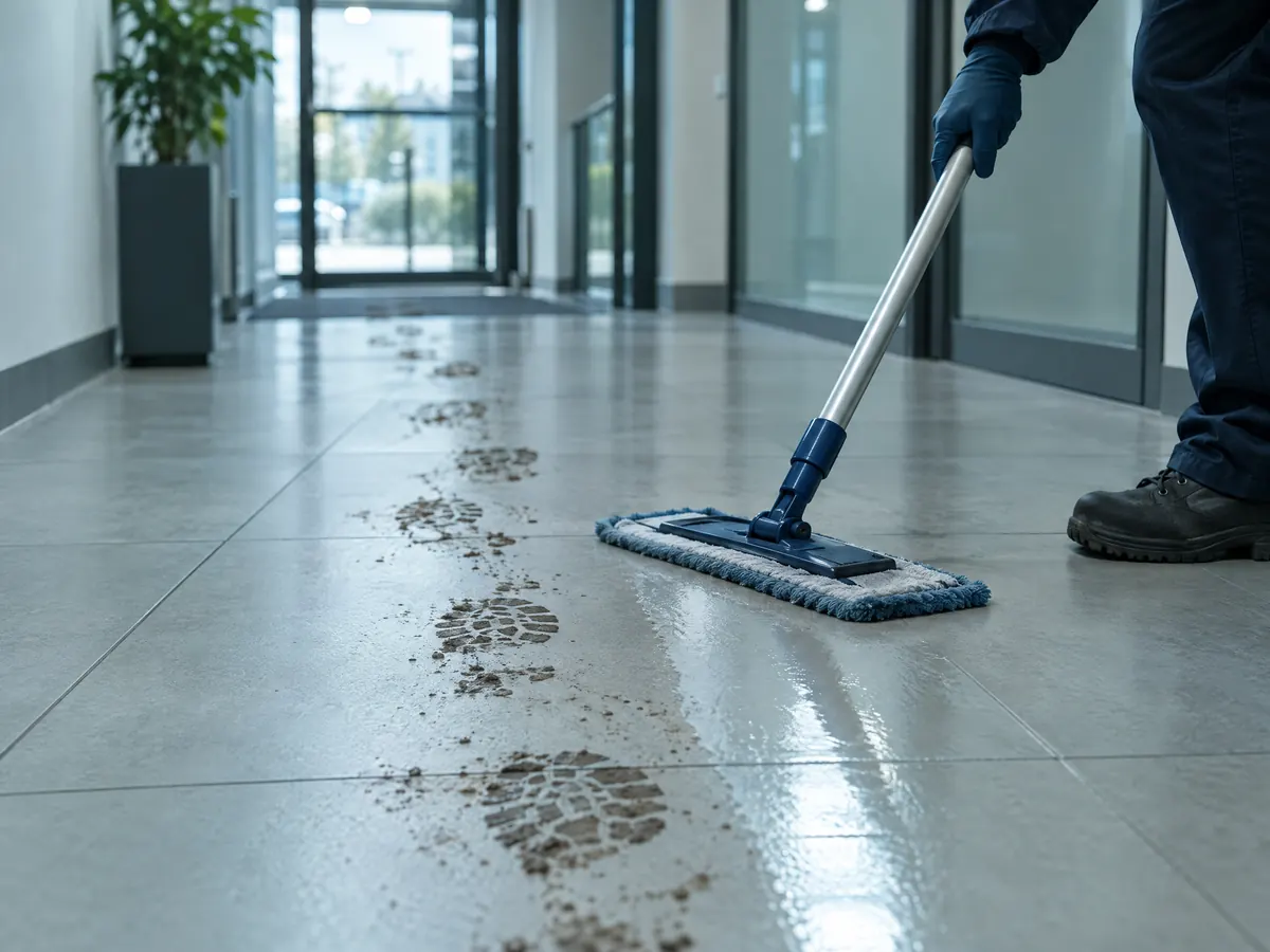 Voetsporen van werkschoenen op een kantoorvloer worden weggedweild