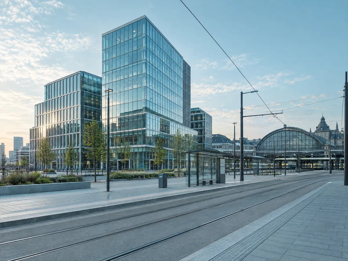 Moderne kantoorgebouwen rond het station van Berchem