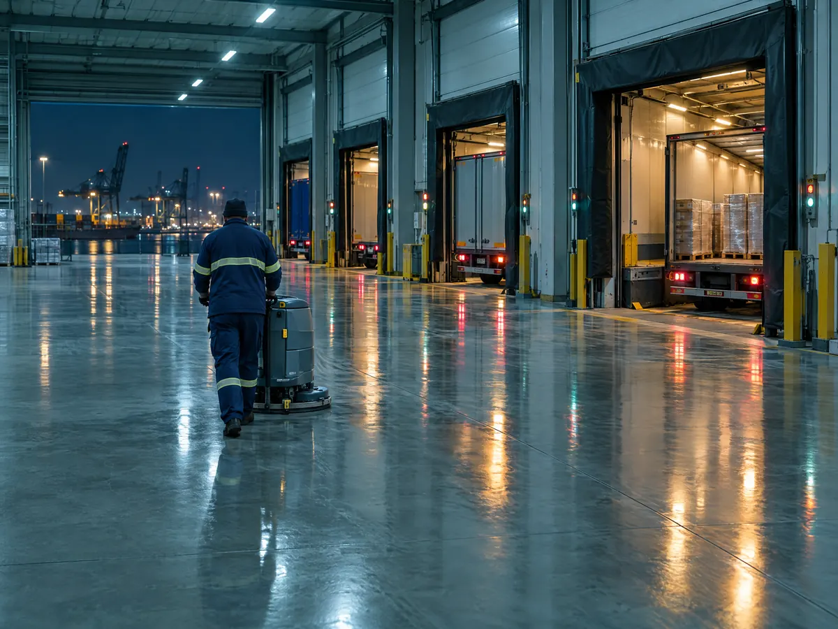 Distributiecentrum in de Antwerpse haven met net gereinigde vloer aan de laadkaaien