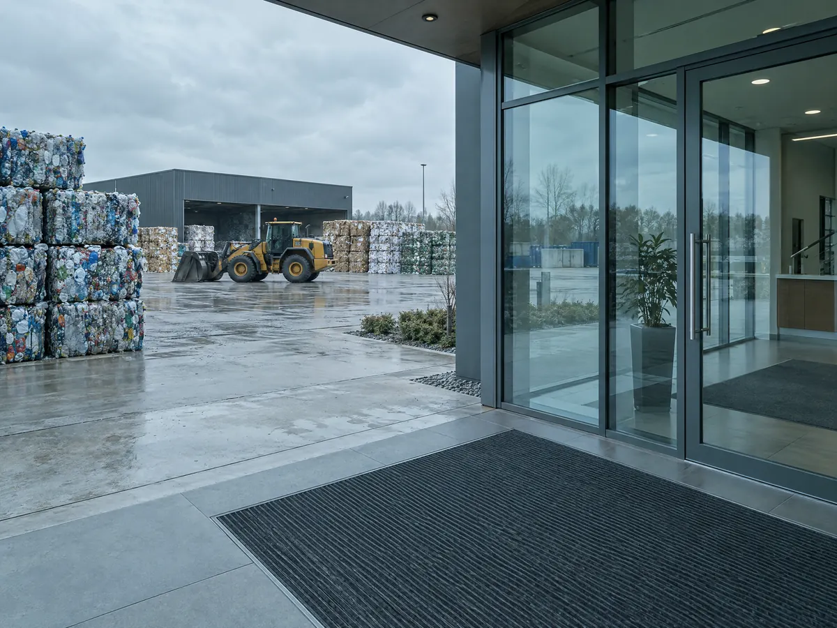 Recyclagebedrijf met balen materiaal en een propere inkom van het kantoorgebouw